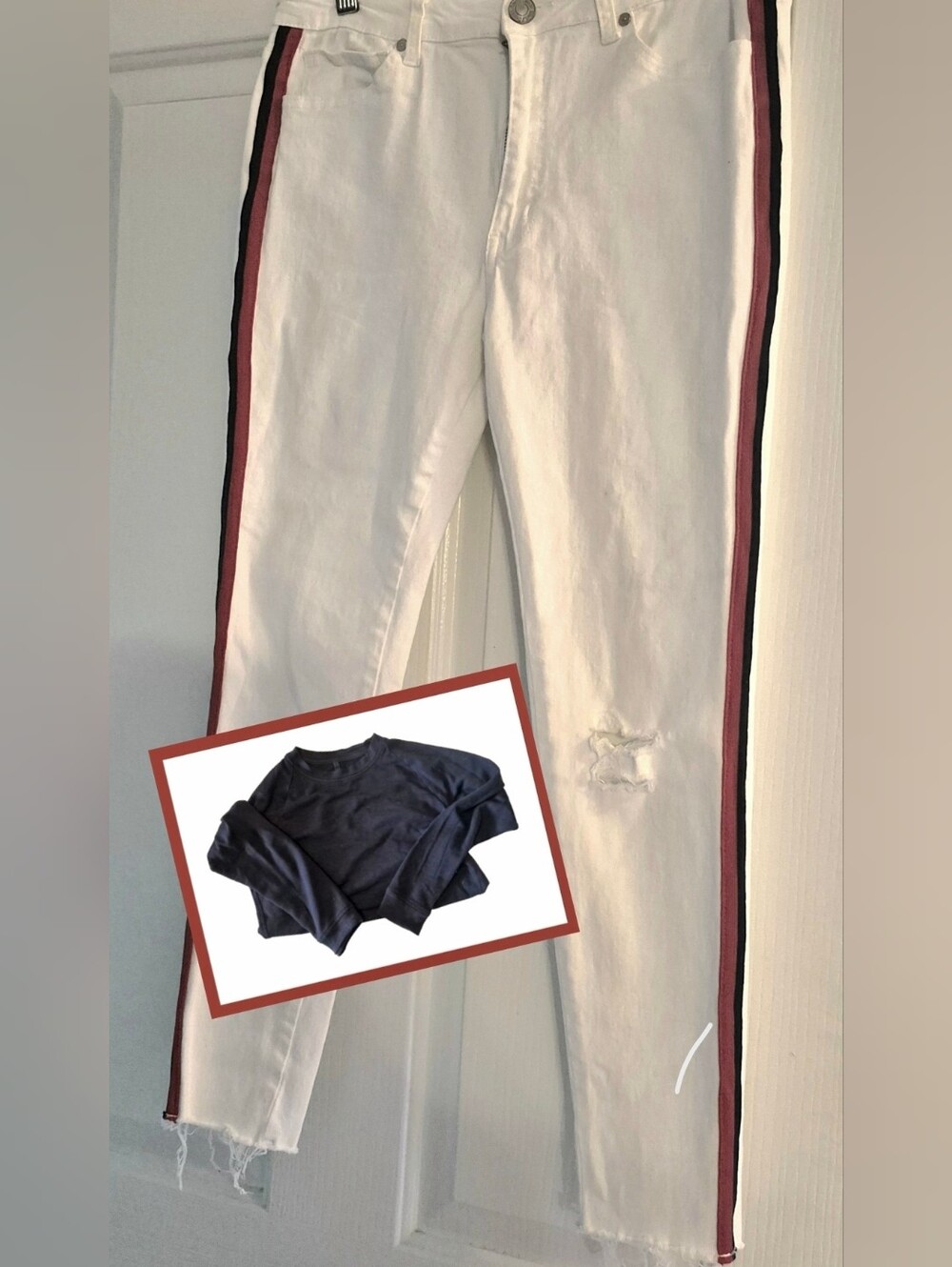 SET: White Jeans Red/Navy Tuxedo Racing Stripes w/ Soft Navy Crewneck Shirt